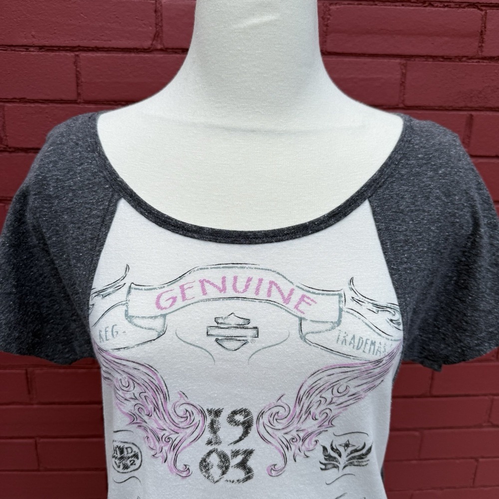 Harley Davidson Lace Up Shirt Womens Size Small Baseball Sleeve‎ Briker Grunge - Picture 5 of 8